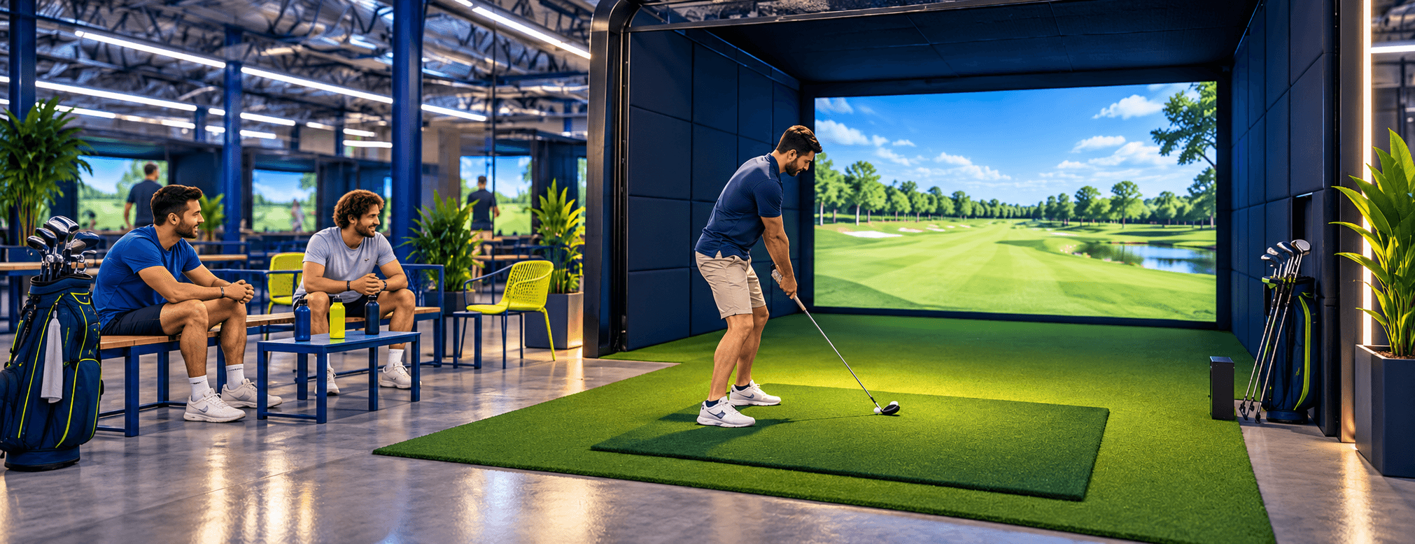 Conceptual rendering of friends enjoying an indoor golf simulator