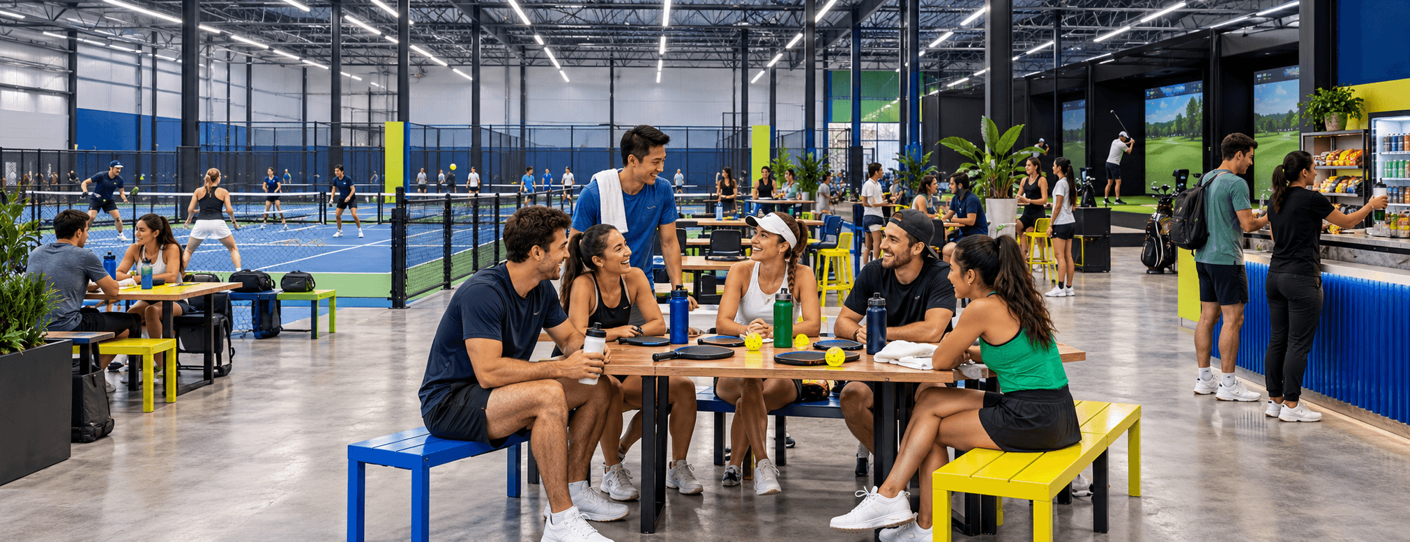 Conceptual rendering of a social gathering beside pickleball courts and golf simulators