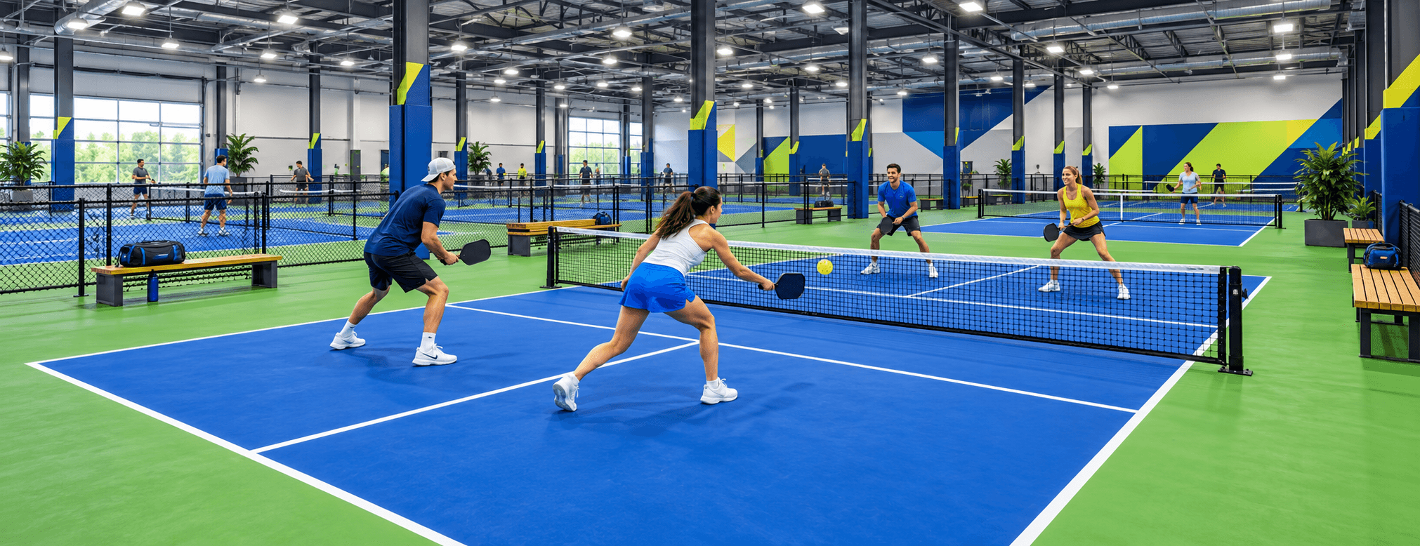 Conceptual rendering of players on indoor pickleball courts